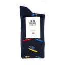 Dandy Street - Calze lunghe da uomo in caldo cotone blu con surfisti su tavole gialle, rosse e azzurre - Blue Surfer