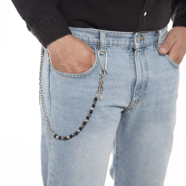 Dandy Street - shop online - accessori uomo - catena per jeans da uomo - pietre naturali ematite onice - perle zigrinate placcate argento - pendaglio con monetina - Marav