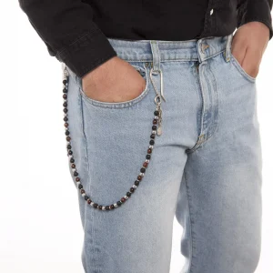 Dandy Street - shop online - accessori uomo - catena per jeans e pantaloni da uomo - pietre naturali ematite occhio di tigre pietra lavica - pendaglio con monetina - Yuque