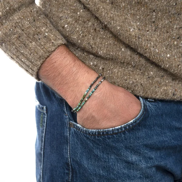 Dandy Street - shop online bracciali uomo di tendenza - bracciale uomo in argento - bracciale doppio giro chiusura moschettone - pietre semipreziose turchese africano - Deep