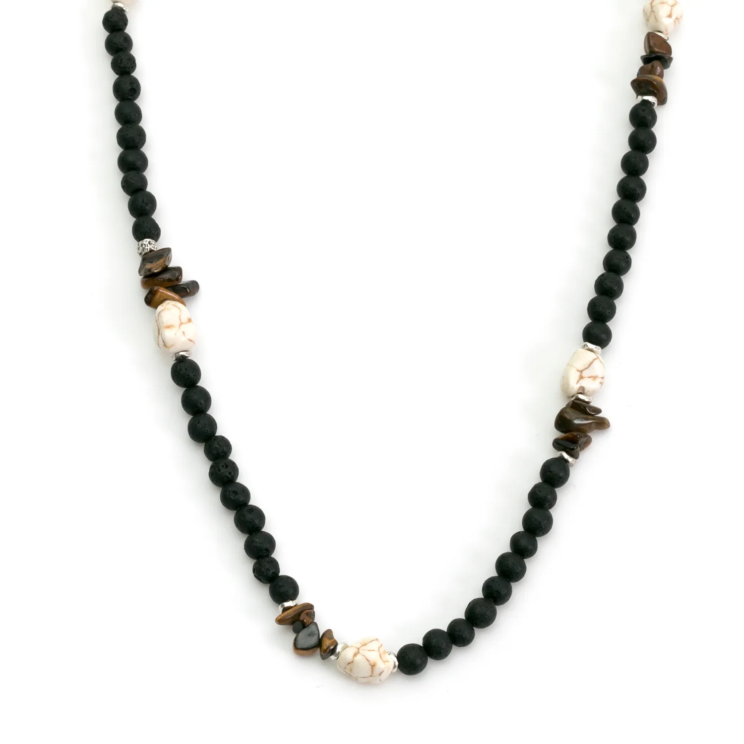 Thales è una collana da uomo realizzata a mano in Italia con pietre naturali di qualità, che donano un tocco di stile e personalità al tuo look, un accessorio che incanta per la sua moderna raffinatezza. Intrecciata con pietra lavica dall'aspetto poroso che contrasta con l'aulite bianca, questa creazione esclusiva, grazie anche all'occhio di tigre, evoca un senso di avventura e mistero.<br /> Queste pietre hanno anche dei significati simbolici: la pietra lavica rappresenta la forza e la trasformazione, mentre l’occhio di tigre stimola la fiducia e la protezione.<br /> Questa collana si abbina con naturalezza a outfit casual e sportivi e anche con colori caldi e neutri. È perfetta per le vacanze estive o per regalare un tocco casual al tuo look quotidiano in tutte le stagioni. ndossa Thales e lasciati trasportare in un viaggio di stile e libertà, dove ogni dettaglio racconta una storia senza tempo. <ul class="testo-prodotti"> <li class="spaziatura"><strong>Materiali</strong>: Minuterie e chiusura placcate argento 5 micron, ciuffo di bandana in cotone</li> <li class="spaziatura"><strong>Pietre</strong>: Pietra lavica con taglio a perla, aulite bianca a sasso e chips di occhio di tigre marrone</li> <li class="spaziatura"><strong>Taglia Unica</strong>: La lunghezza totale della collana è di 70cm</li> <li class="spaziatura"><strong>Chiusura</strong>: Con moschettone</li> <li class="spaziatura"><strong>Confezione</strong>: La collana è venduta all'interno di un'elegante scatolina con logo Dandy Street. Perfetta anche come regalo!</li> </ul> Thales è una collana da uomo realizzata a mano in Italia con pietre naturali di qualità, che donano un tocco di stile e personalità al tuo look, un accessorio che incanta per la sua moderna raffinatezza. Intrecciata con pietra lavica dall'aspetto poroso che contrasta con l'aulite bianca, questa creazione esclusiva, grazie anche all'occhio di tigre, evoca un senso di avventura e mistero. Queste pietre hanno anche dei significati simbolici: la pietra lavica rappresenta la forza e la trasformazione, mentre l’occhio di tigre stimola la fiducia e la protezione. Questa collana si abbina con naturalezza a outfit casual e sportivi e anche con colori caldi e neutri. È perfetta per le vacanze estive o per regalare un tocco casual al tuo look quotidiano in tutte le stagioni. ndossa Thales e lasciati trasportare in un viaggio di stile e libertà, dove ogni dettaglio racconta una storia senza tempo. Materiali: Minuterie e chiusura placcate argento 5 micron, ciuffo di bandana in cotone Pietre: Pietra lavica con taglio a perla, aulite bianca a sasso e chips di occhio di tigre marrone Taglia Unica: La lunghezza totale della collana è di 70cm Chiusura: Con moschettone Confezione: La collana è venduta all'interno di un'elegante scatolina con logo Dandy Street. Perfetta anche come regalo!
