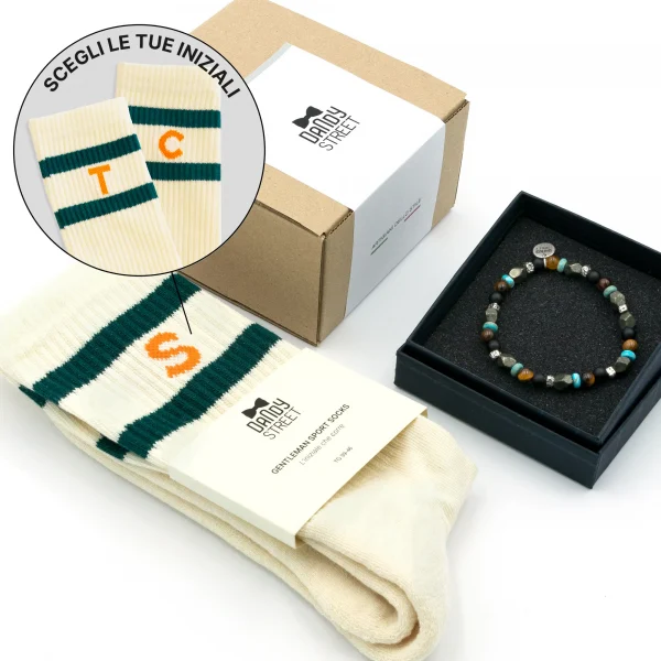 Dandy Street - shop online - accessori uomo - bracciali pietre naturali - bracciali uomo argento - calzini eleganti uomo - calzini caldo cotone - Bracciale uomo e calze con iniziali - Gift Set #10